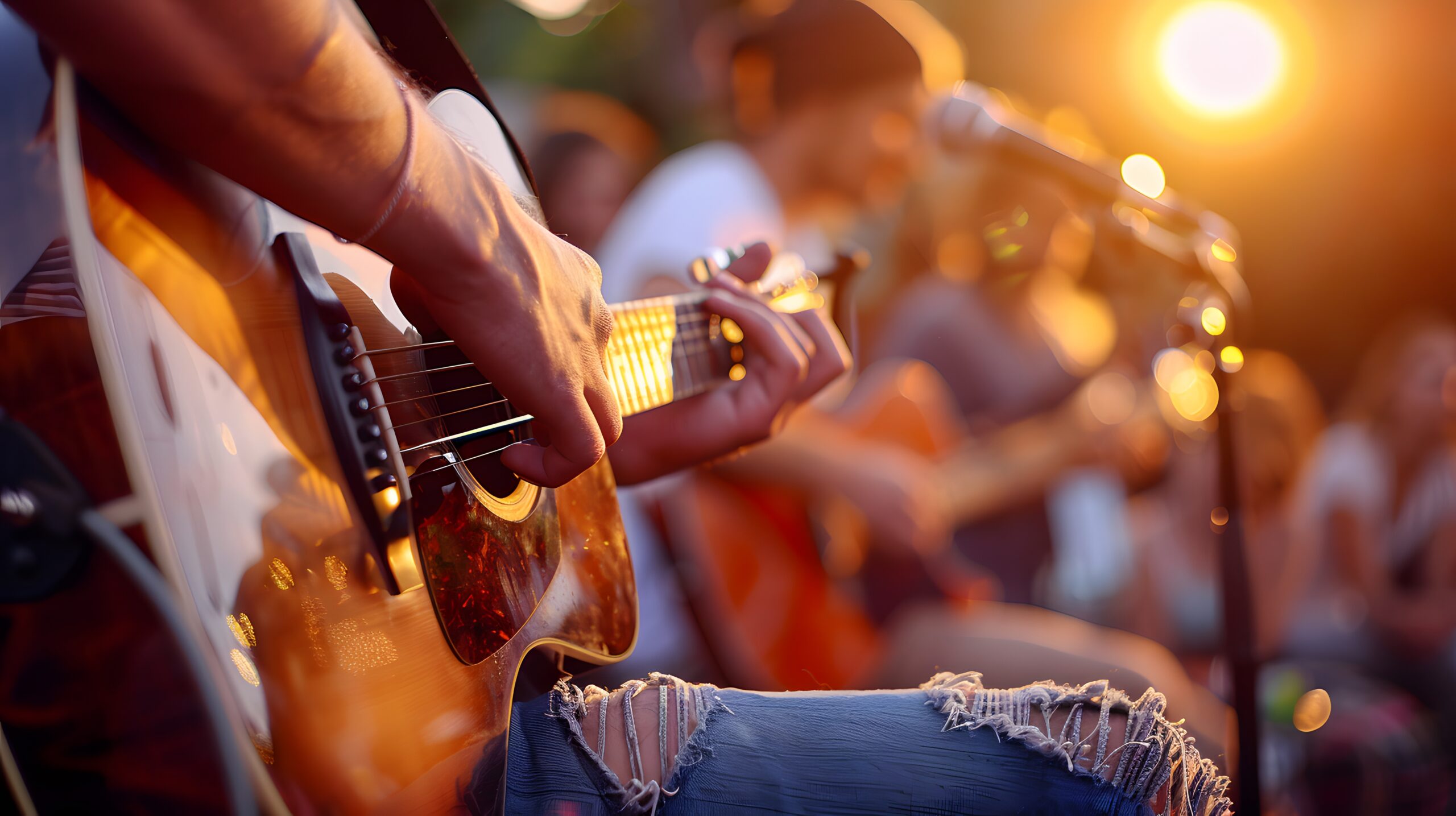 A musician plays an acoustic guitar on stage, engaging a captivated crowd in front of them