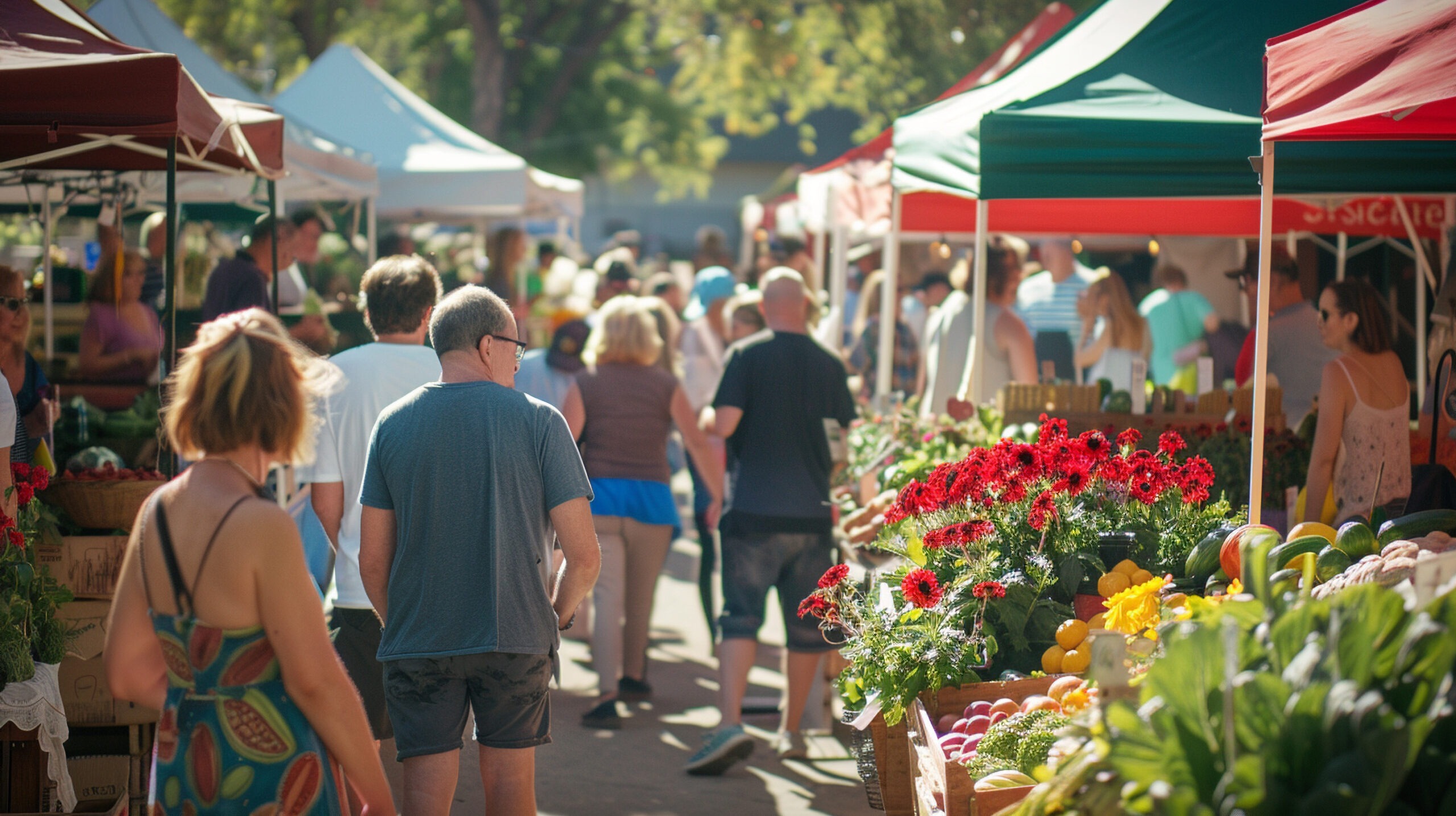 A busy farmers' market with stalls selling fresh produce, artisanal bread, flowers, and shoppers with baskets.